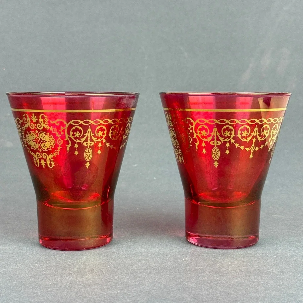 Timon Collezione Ruby Red Glass Tumblers Gold Gilt Floral Scroll Set of 2